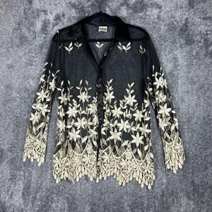 SAM Tunic Womens XL Black Mesh Embroidered Button-Up Floral Scalloped Hem USA